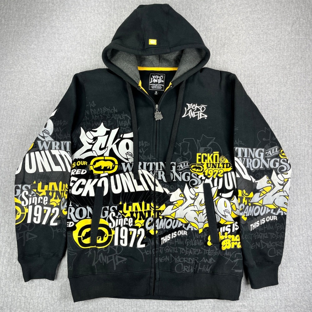 Ecko Unltd Full Zip Hoodie Mens Small Black Graffiti Graphic Writing All Wrongs